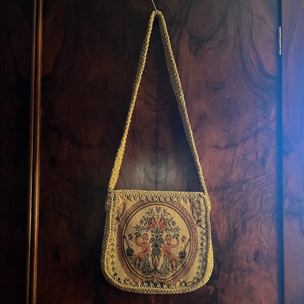 Italian Vintage Tapestry Purse/Shoulder Bag Cherub/Floral Motif
